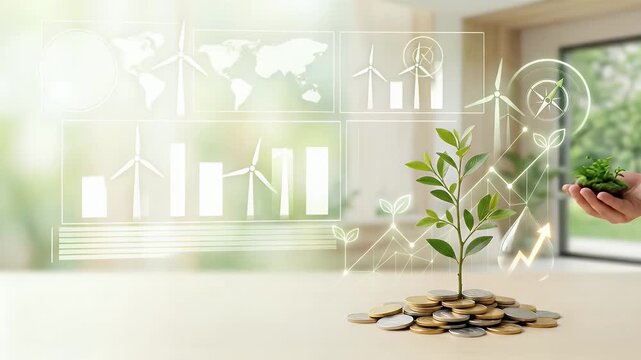 Refined wallpaper design featuring minimalist financial imagery inspired by green finance with ample empty space for academic overlays supporting analysis of sustainable economic models and ecofriendl