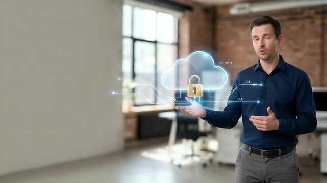 Man showcasing cloud computing with padlock icon on network connection symbolizing database storage security and cybersecurity for internet backup transfer in empty space concept as Man showcases clou
