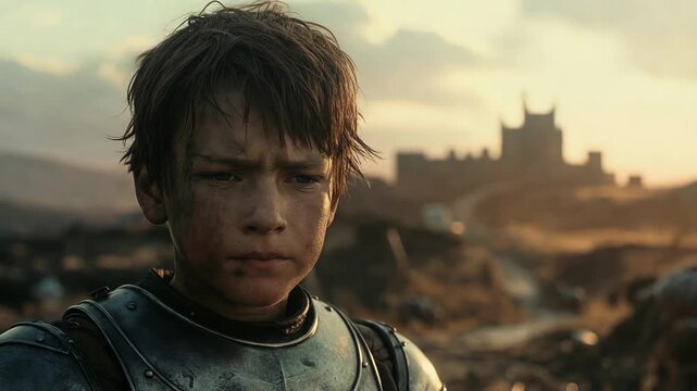 A young armored warrior with dirtstreaked face shown in cinematic style against a hazy sunset backdrop, concept of courage