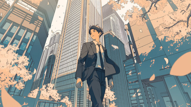 桜舞い散る都市のビル街を颯爽と歩くスーツ姿のアニメビジネスマンのセルシェーディングイラスト
