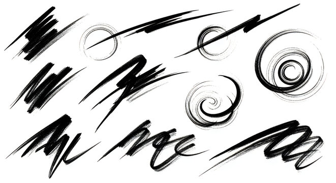 Collection of abstract black ink brush strokes and swirls