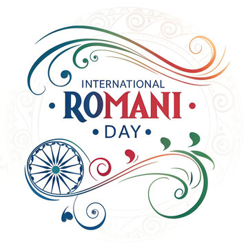 International Romani day emblem with floral ornaments and wheel.