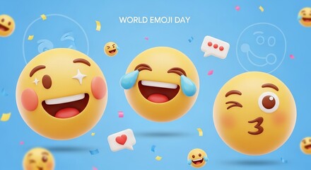 Naklejka premium A colorful illustration of laughing emojis on World Emoji Day with confetti and speech bubbles