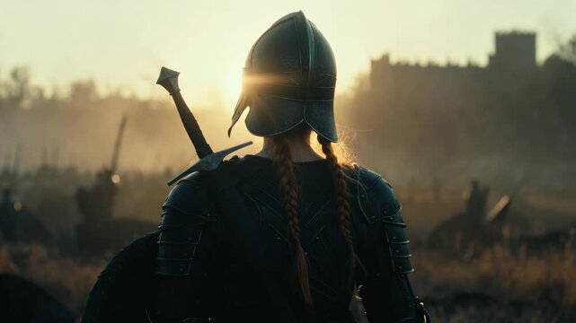 Armored warrior with braided hair on a battlefield in cinematic style at sunrise, concept of courage and conflict