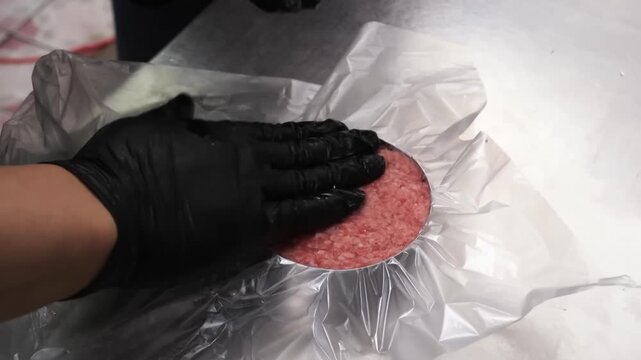 A close-up shot of a raw, circular ground beef or ground meat patty being prepared, possibly pressed or packaged. A hand in a black glove is visible, and the patty is surrounded by clear plastic wrap 