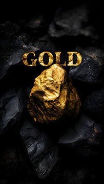 Golden nugget on black rocks with gold text