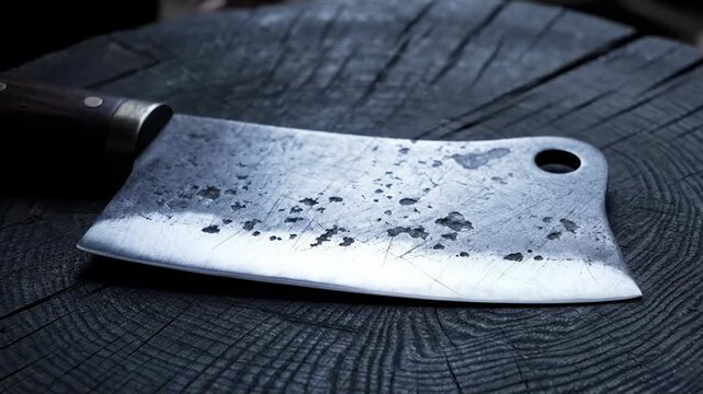 Close-Up of a Rustic Butcher Cleaver Resting on a Dark Wooden Cutting Board