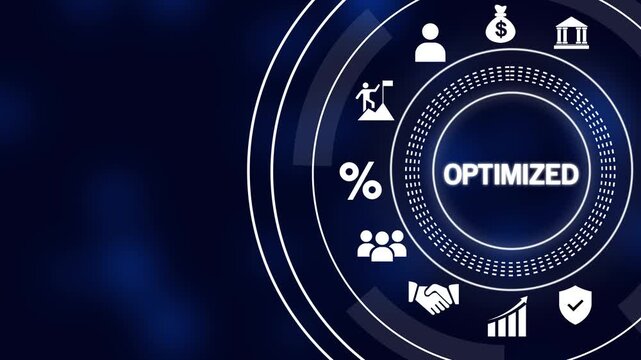 Futuristic Circular Interface with Icons Representing Business Concepts and the Word Optimized technology