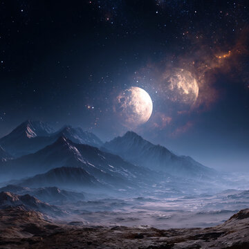 mystical sci fi moonscape beneath alien stars, ethereal cosmic moon landscape in deep space, surreal celestial moonscape of a futuristic universe