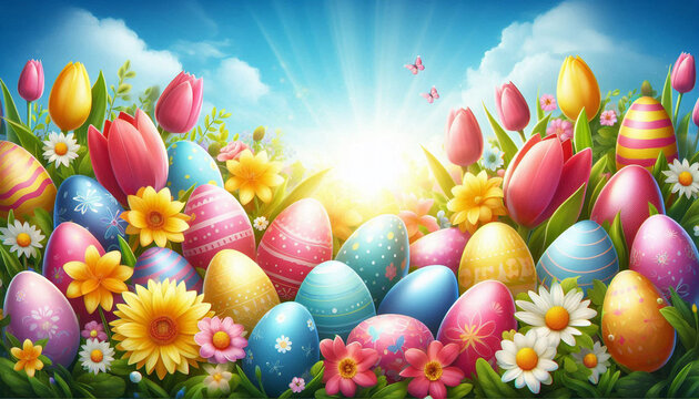 Spring Easter background featuring pastel decorated eggs, daffodil flowers and wicker basket arranged on bright green surface. Minimal festive composition with copy space ideal for seasonal banners, g