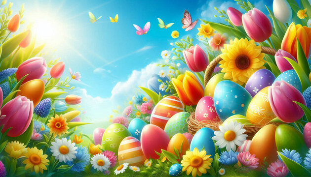 Easter Flat Lay Background with Pastel Eggs, Spring Flowers and Wicker Basket on Green