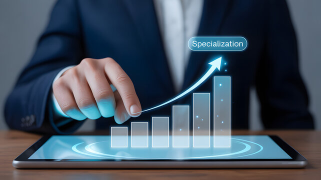 A business professional in a dark suit interacts with a glowing digital tablet showing an ascending blue bar graph that signifies growth and specialization in a clean modern office