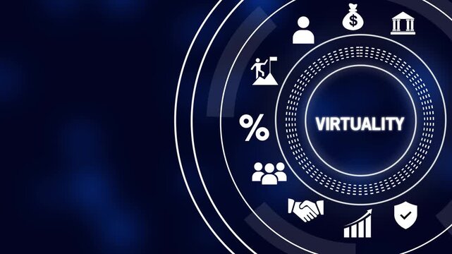 Digital interface with the word VIRTUALITY in the center surrounded by business and technology icons on a dark blue gradient background