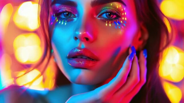 Sparkling eyeshadow, glittery lips, bold nails for a festive look.