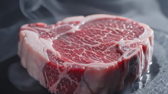 Close-Up of a Raw Marbled Beef Steak With Steam Rising, Food Preparation