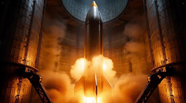 Ultra-slow-motion cinematic shot of a massive futuristic ballistic missile launching from a high-tech