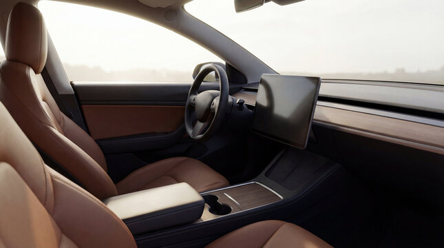 Luxurious interior of a modern electric car featuring tan leather seats, a large touch screen display, and minimalist wood trim.