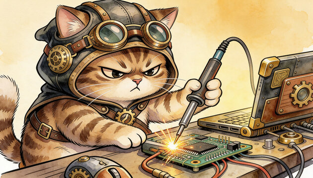 Funny steampunk cat at a vintage computer workspace hacking a circuit board with tools and gears while working on a coding project