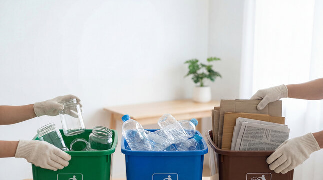 Hands in protective gloves sorting waste into green, blue, and brown recycling bins filled with glass, plastic bottles, and cardboard.