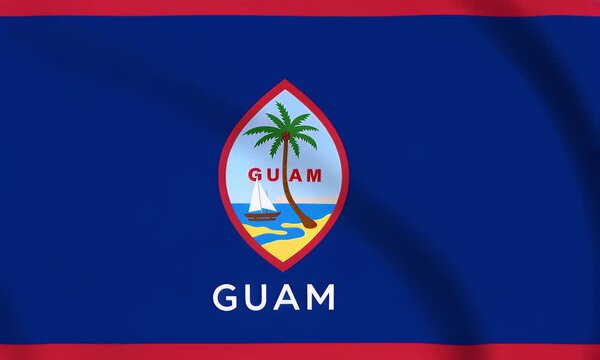 The national flag of Guam displays a blue field with a red border and a central emblem featuring a palm tree, sailboat, and island landscape.