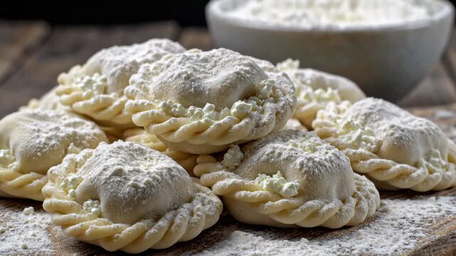 Close-Up of Freshly Made Pierogi With Cottage Cheese Filling Being Dusted With Flour