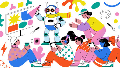 Fototapeta premium A colorful vector illustration of a robot and people collaborating on creative projects with various design tools and technology