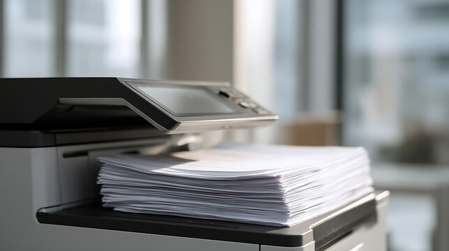 Modern multifunction office machine with a large stack of blank white paper for print, copy, or scan tasks at a bright workplace