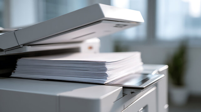 Close-up of a Modern Multifunction Office Device with a Large Stack of Blank Paper Ready for Printing and Copying Tasks
