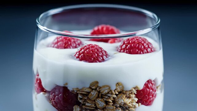 Close Up of Yogurt Parfait With Raspberries and Granola in a Glass