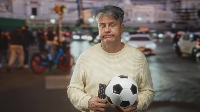 Man holds soccer ball and tv remote with both hands on a busy city street at night, wearing cream sweater and grey hair, neutral expression; boredom.