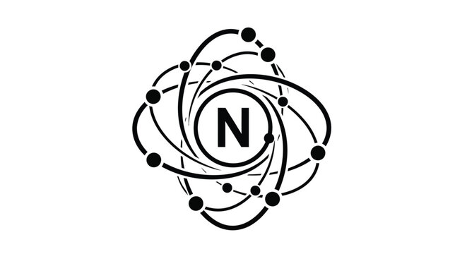 Vector graphic illustration of nitrogen atom structure with electron orbits and nucleus