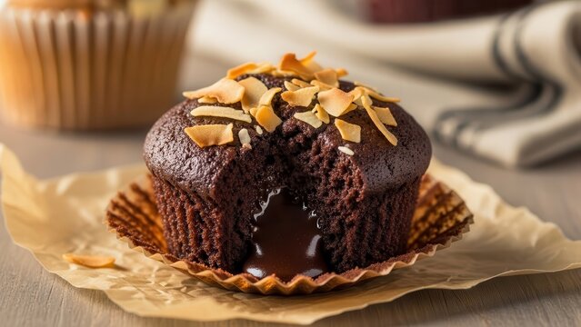 A chocolate cupcake with caramel filling and nuts on a brown paper wrapper on a table