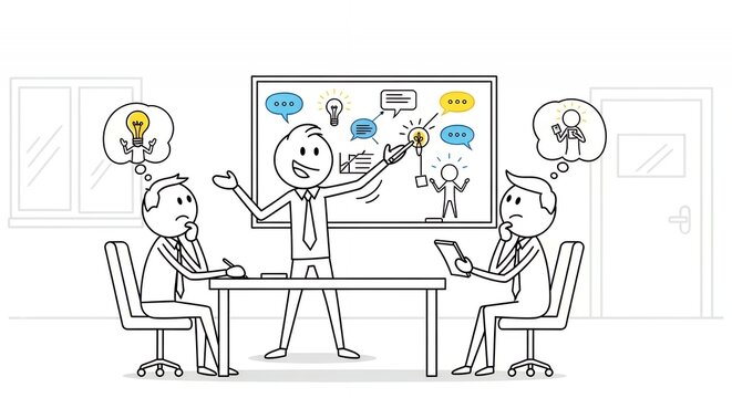 Stick Figures Brainstorming Business Meeting Presentation in Bright Office Setting