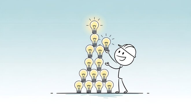 Stickman Builds Pyramid of Glowing Light Bulbs on Light Blue Background