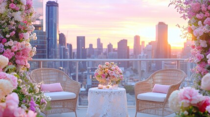 Naklejka premium Romantic balcony setting with flowers and city skyline at sunset