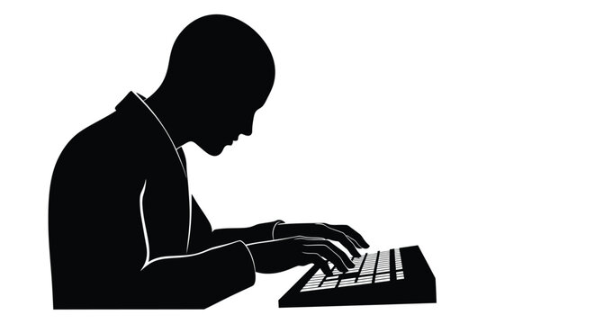 Man in a suit typing on a keyboard with focused expression and professional posture shown