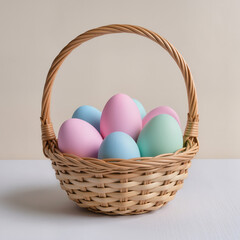 Fototapeta premium Colorful Easter eggs in a wicker basket on a neutral background 