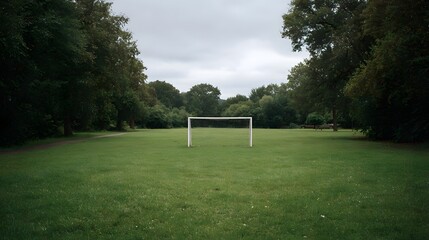 Obraz premium A solitary white soccer goal stands on a lush green field surrounded by mature trees under a cloudy sky