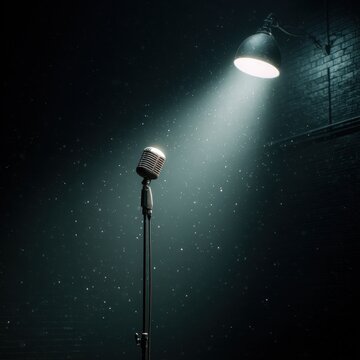 Vintage microphone on stand spotlighted by industrial lamp in dark brick studio, dramatic chiaroscuro lighting noir atmosphere performance stage 3D render