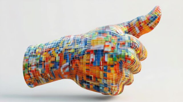 A vivid, modern digital artwork showcasing a computer-generated hand giving a thumbs up gesture.