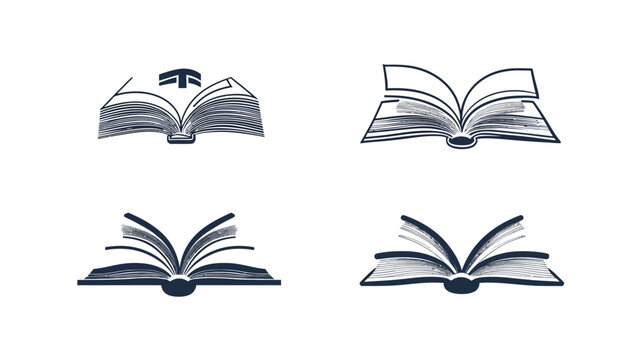 Four stylized illustrations of open books, rendered in a simple, hand-drawn style with dark lines