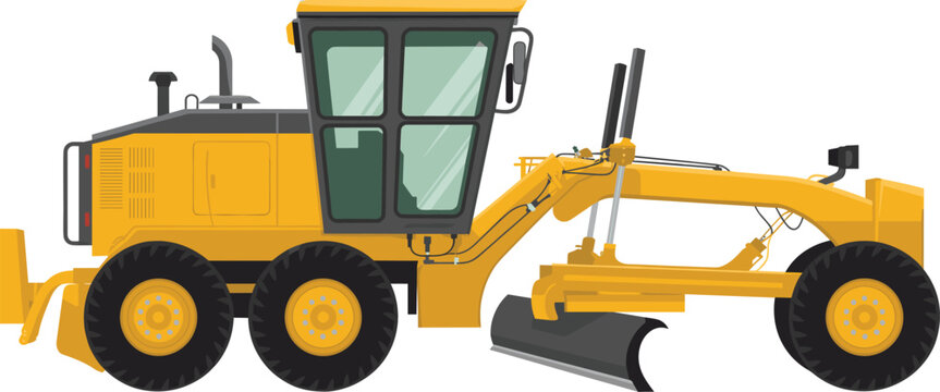 Motor grader construction vehicle vector illustration with blade heavy equipment road leveling machine flat design industrial engineering icon