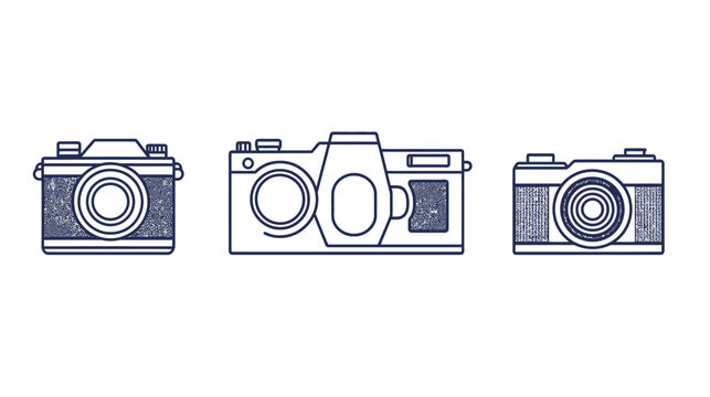 Three minimalist line-art illustrations of different cameras on a white background, dark blue outline