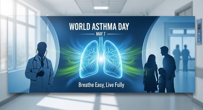 A large blue poster in a hospital hallway promoting World Asthma Day on May 7 with a glowing lung graphic and the slogan Breathe Easy, Live Fully