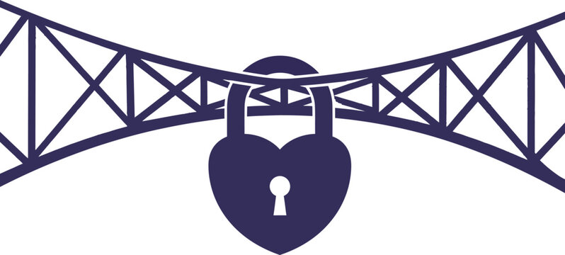 Love lock on bridge illustration.Heart shaped padlock hanging from a metal bridge structure. Concept of everlasting love, romance, Paris traditions, and eternal commitment in a flat vector style.
