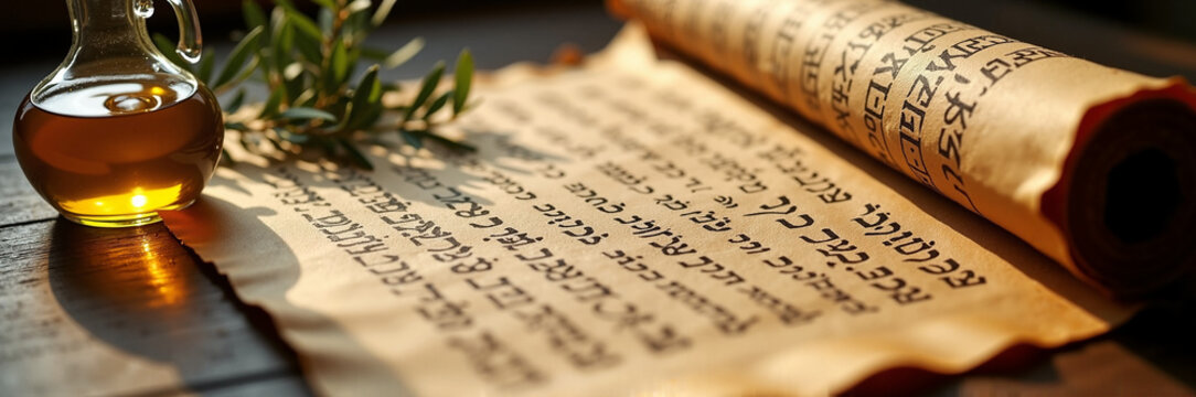 Ancient scroll with olive oil and herbs placed on wooden table. Scroll reveals biblical text, symbolizing stories from Old Testament and parables.