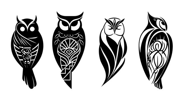 Four stylized black owl illustrations with detailed inner patterns against white background