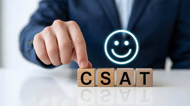 Business professional pointing at CSAT blocks with glowing smiley icon, symbolizing customer satisfaction, positive feedback, and service quality in corporate contexts