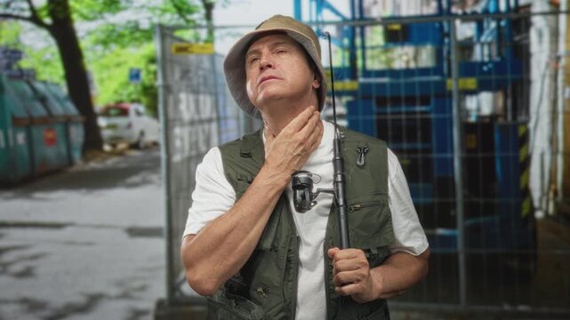 Man in fishing vest holds fishing rod and clutches neck on street by metal fence and dumpsters, grimacing with throatache; pain.