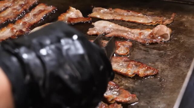 A close-up, macro shot of a strip of bacon sizzling and frying in its own fat on a hot griddle or pan. Grease bubbles and steam rise from the cooking meat, which is turning crispy around the edges.